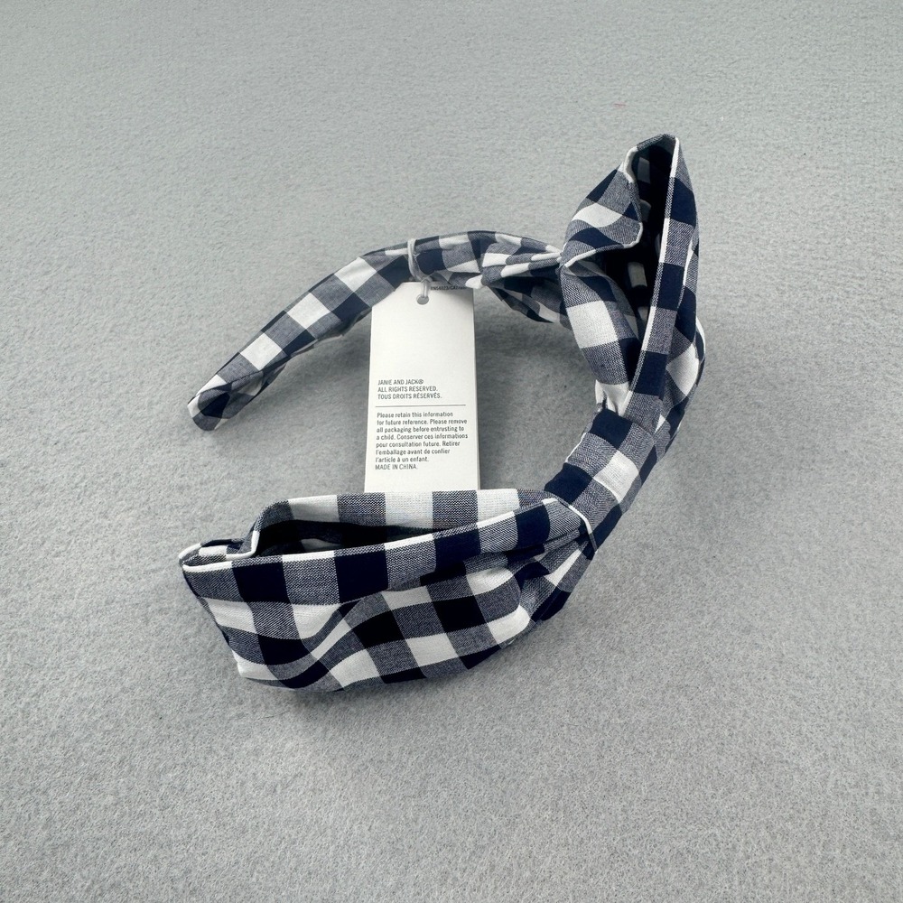 NWT Janie and Jack Girls‎ Navy Blue Gingham Check Knotted Bow Headband Preppy